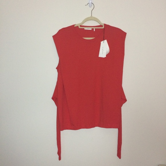 Sandro Red Front Tie Sleeveless Blouse Cotton - Picture 3 of 16